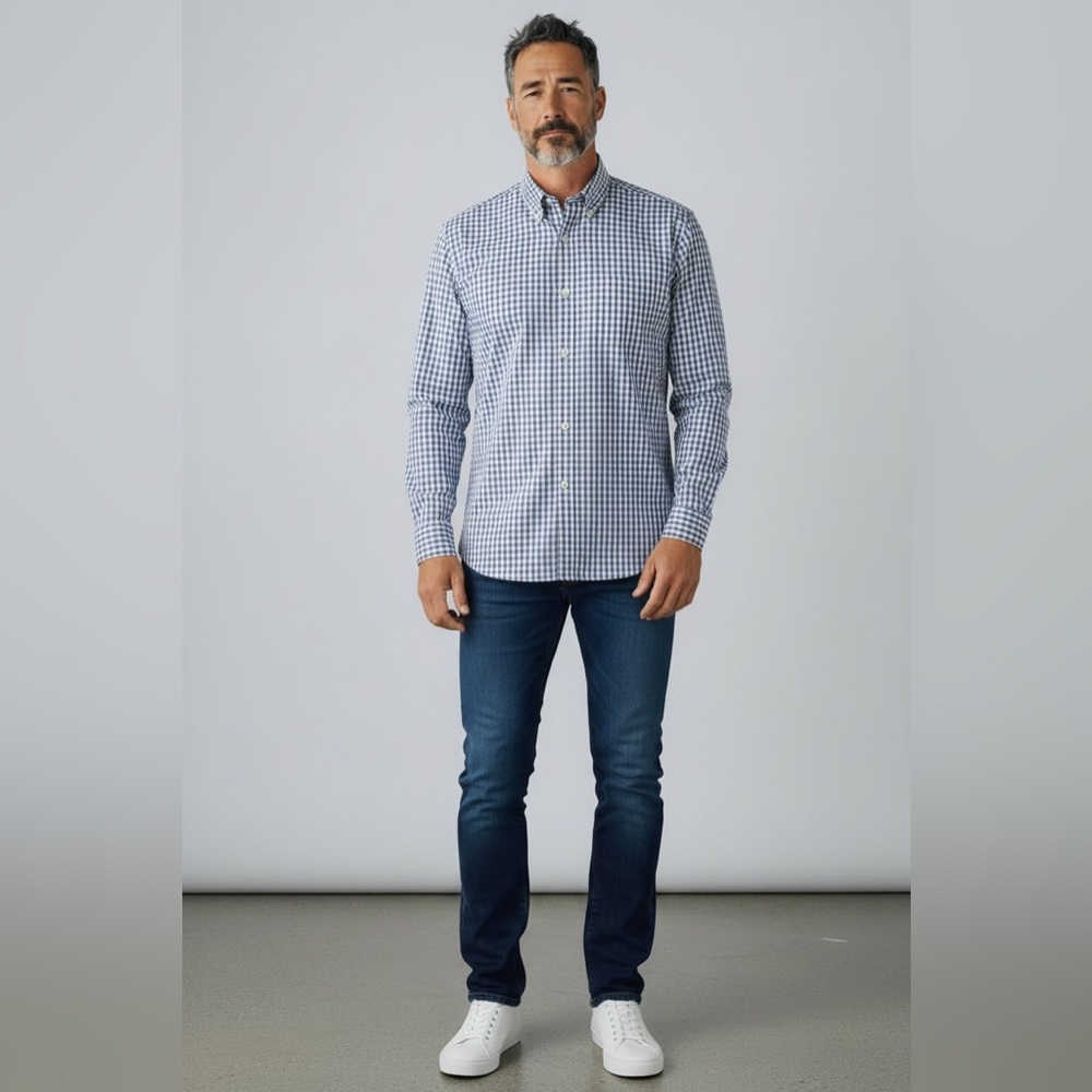 Scott Barber Premium Men's Button Down Shirt Gingham Blue Tan Checkered